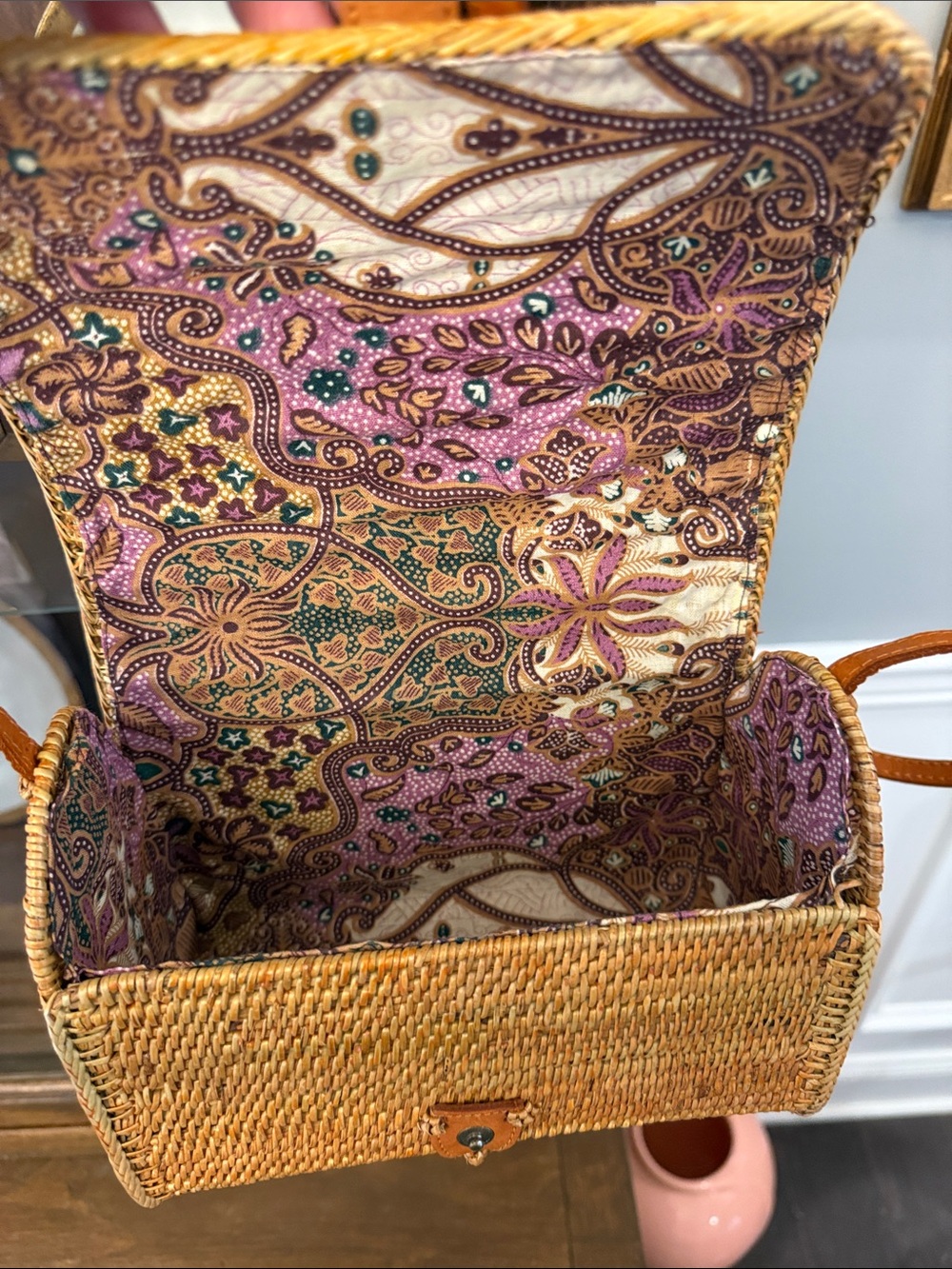 Woven Rattan Straw Crossbody Bag with leather strap - Picture 5 of 15
